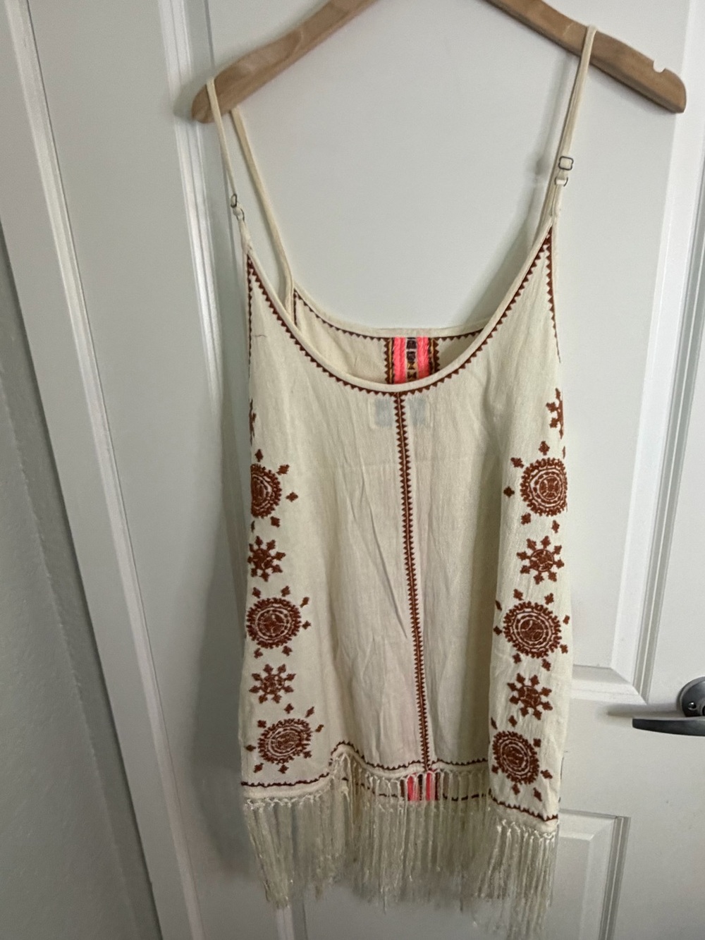 Cleobella Cream Fringe Embroidered Camisole with Brown Accents